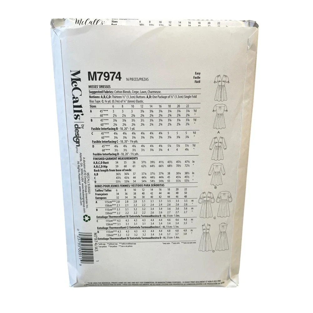 McCall's M7974 Misses Dress Sewing Pattern Sz 6-14 Modern Button Front